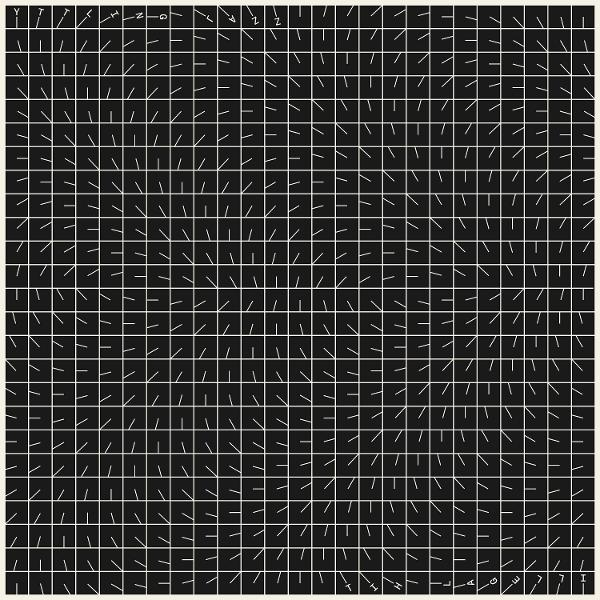 Schwarz-weißes Raster mit Linien, die von jeder Kreuzung ausgehen. Buchstaben und Zahlen sind oben und unten verstreut.
