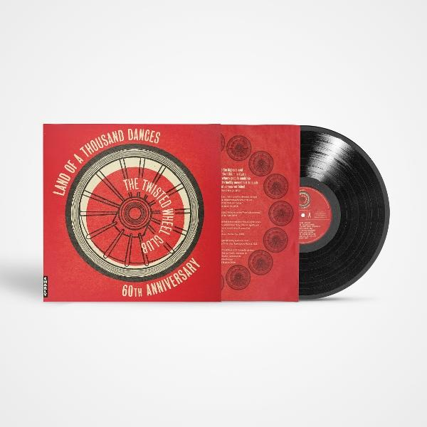 Ein Vinyl-Schallplattencover mit rotem Hintergrund. Es zeigt ein Raddesign mit dem Text: 'Land of a Thousand Dances' und 'The Twisted Wheel Club'.
