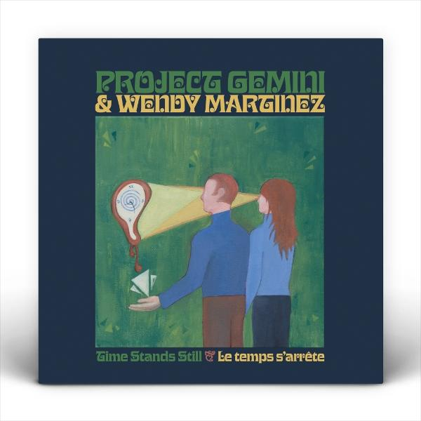 Albumcover mit zwei Figuren, einer Uhr und Text. Grüner Hintergrund mit Mann und Frau. Titel: Project Gemini & Wendy Martinez.