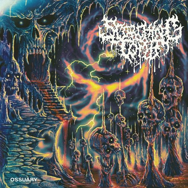 Eine dunkle Fantasieszene mit Schädeln, Blitzen und einem wirbelnden Hintergrund. Das Wort OSSUARY steht unten links.