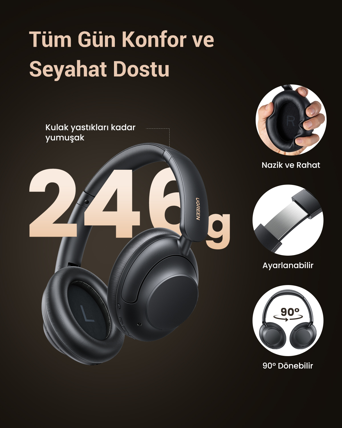 Yumuşak kulak yastıklarına sahip siyah kulaklıklar, ayarlanabilir ve dönebilir. Metin ağırlık ve konfor detaylarını içerir.