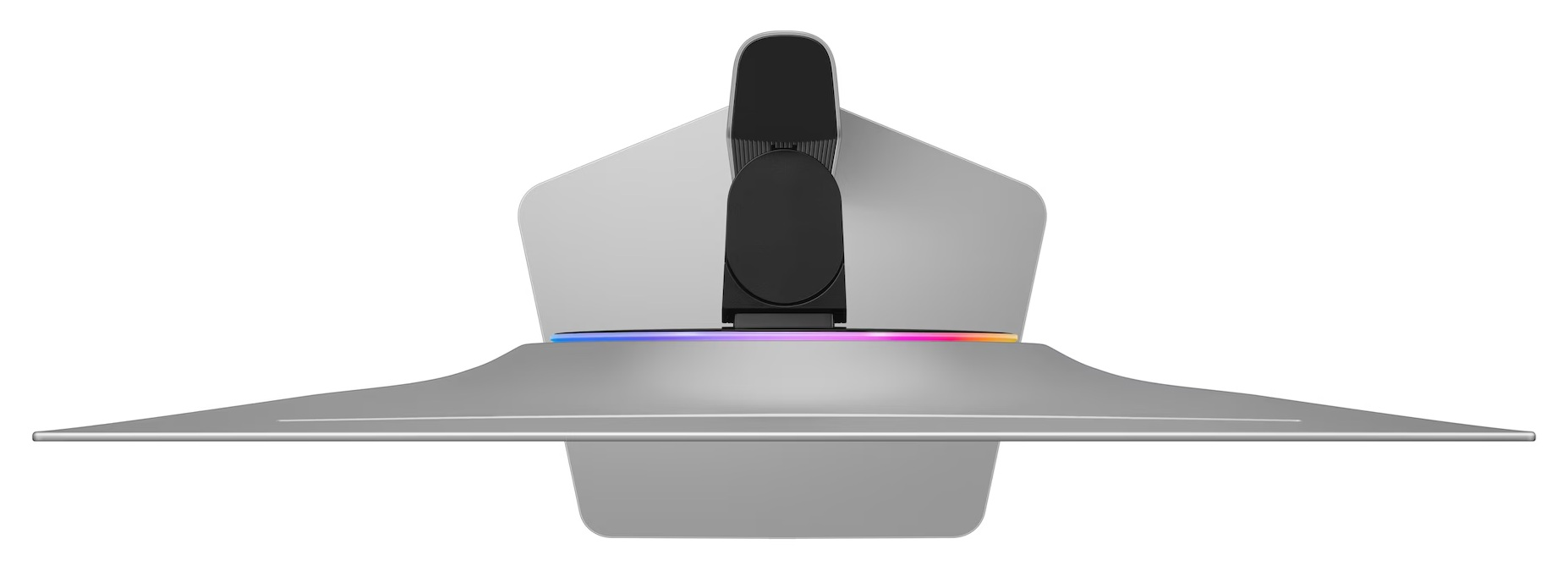 Widok z góry na srebrno-czarne urządzenie z tęczowym paskiem świetlnym u podstawy, na białym tle.