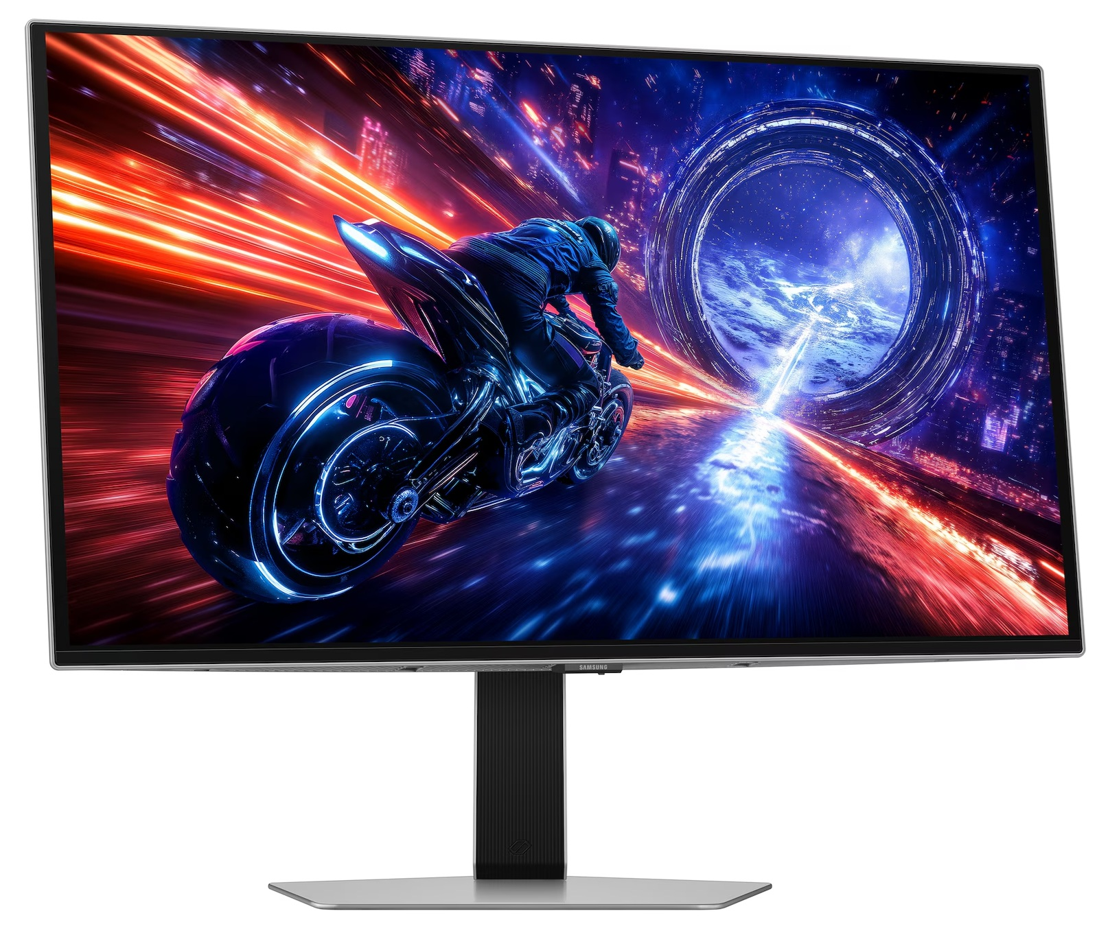 Monitor wyświetlający futurystyczny motocykl ścigający się przez neonowe miasto. Czerwone i niebieskie smugi światła tworzą efekt.