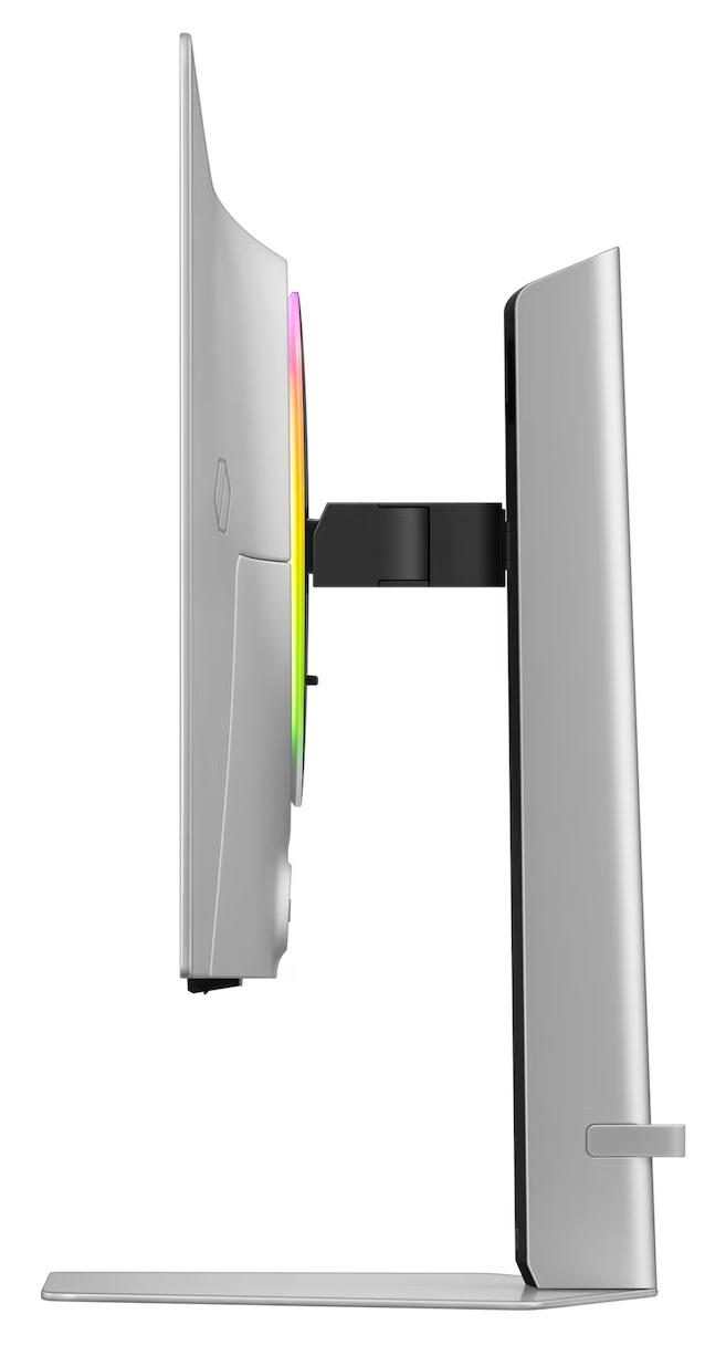 Widok z boku srebrnego monitora komputerowego. Ma kolorowy pasek świetlny z boku i stojak.