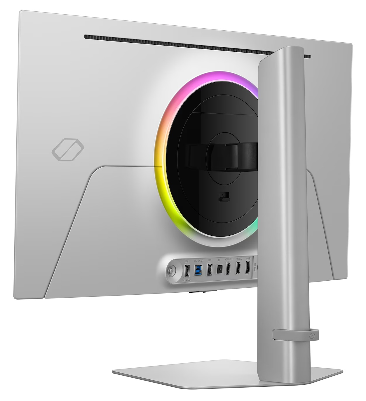 Srebrny monitor komputera pokazuje tył. Ma kolorowy pierścień, podstawę i różne porty. Monitor jest przechylony w prawo.