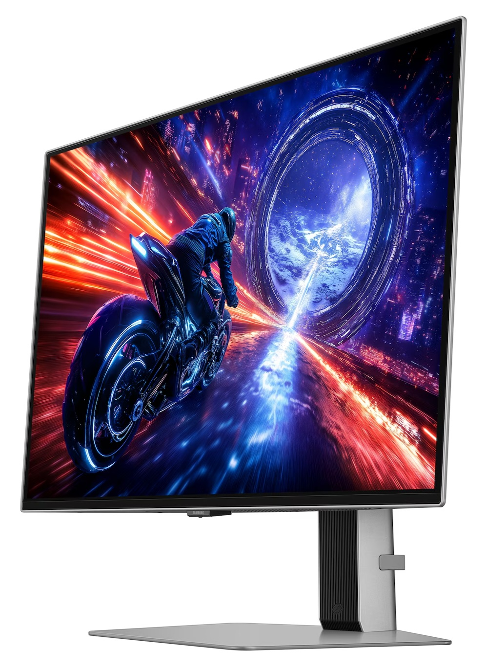 Monitor komputera wyświetla futurystyczną scenę z motocyklistą. Monitor jest srebrny i czarny, na białym tle.