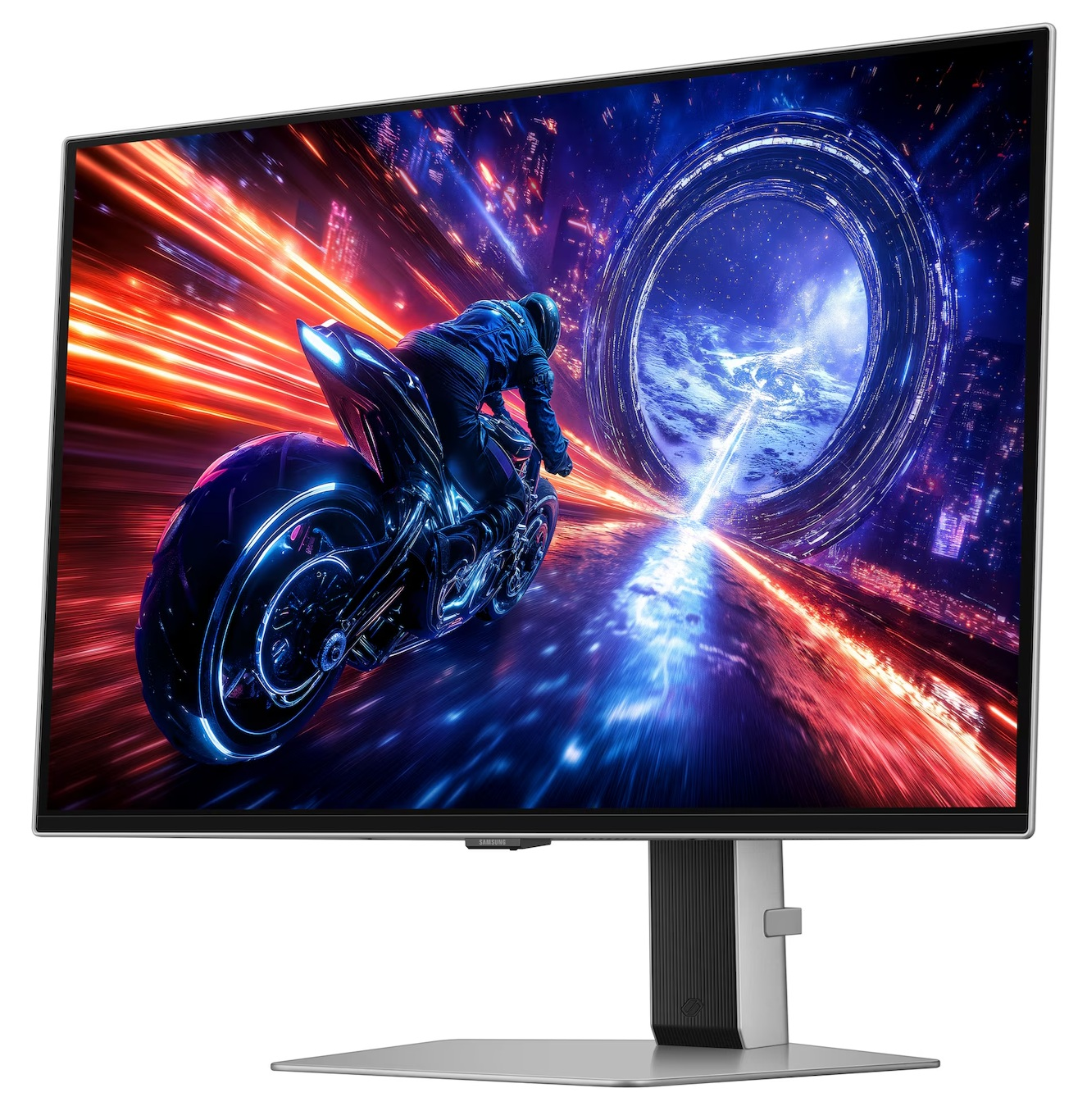 Futurystyczny motocykl na ekranie monitora. Kierowca pędzi przez miasto z jasnymi światłami. Monitor jest pod kątem.