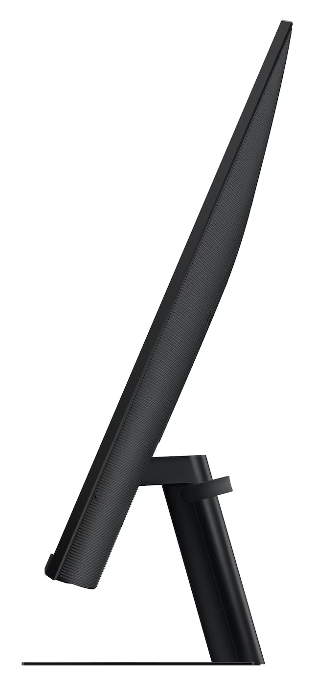 Widok z boku czarnego monitora. Jest ustawiony pod kątem, pokazując ekran, podstawę i teksturowany tył.