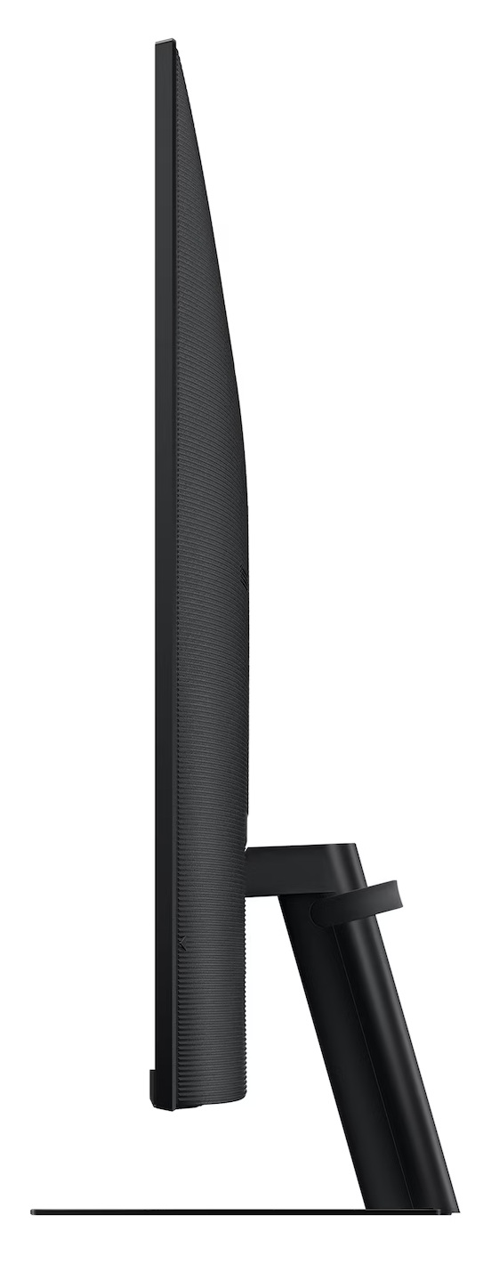 Widok z boku czarnego monitora komputera. Ekran jest cienki i ma teksturowaną tylną część. Podstawa jest również czarna.