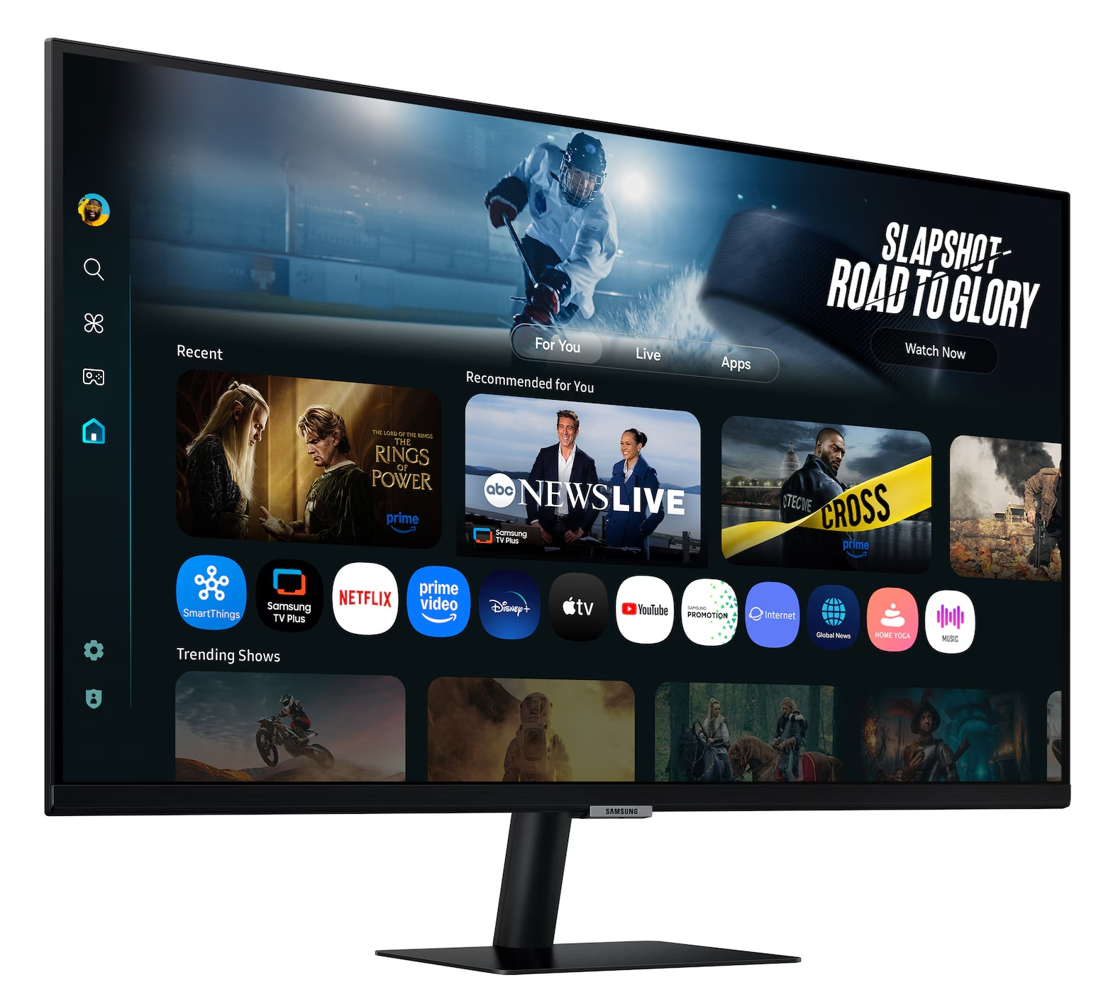 Telewizor Samsung wyświetla mecz hokeja, aplikacje do strumieniowania i rekomendacje programów. Programy obejmują Pierścienie Władzy i Netflix.