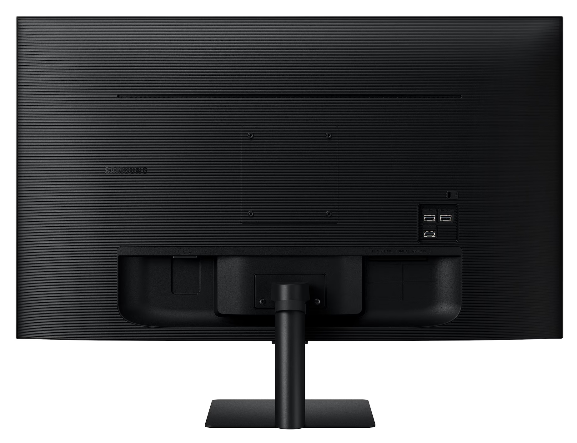 Tył czarnego monitora Samsung. Widoczne porty, podstawka i logo Samsung.