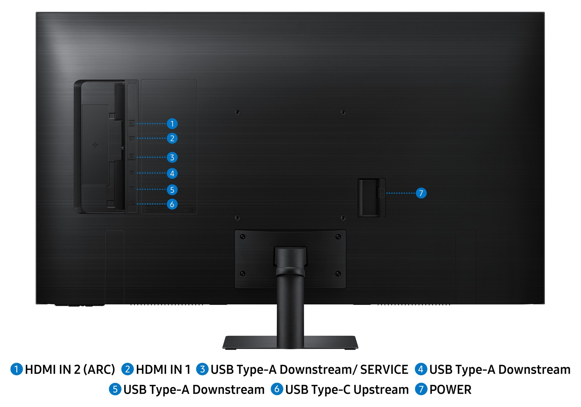 Tył czarnego monitora przedstawia porty HDMI, USB i zasilania. Podstawka podtrzymuje monitor.