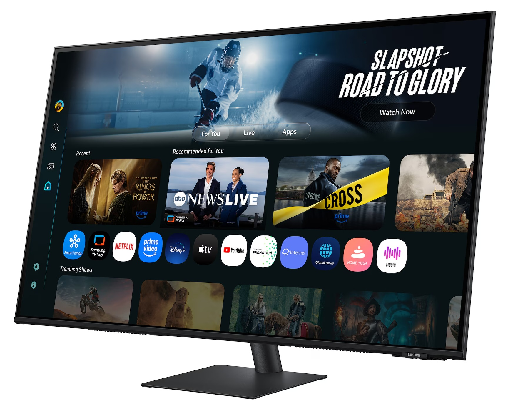 Telewizor Samsung wyświetla mecz hokeja, ikony aplikacji i rekomendacje programów. Ekran wyświetla 'SLAPSHOT ROAD TO GLORY'.