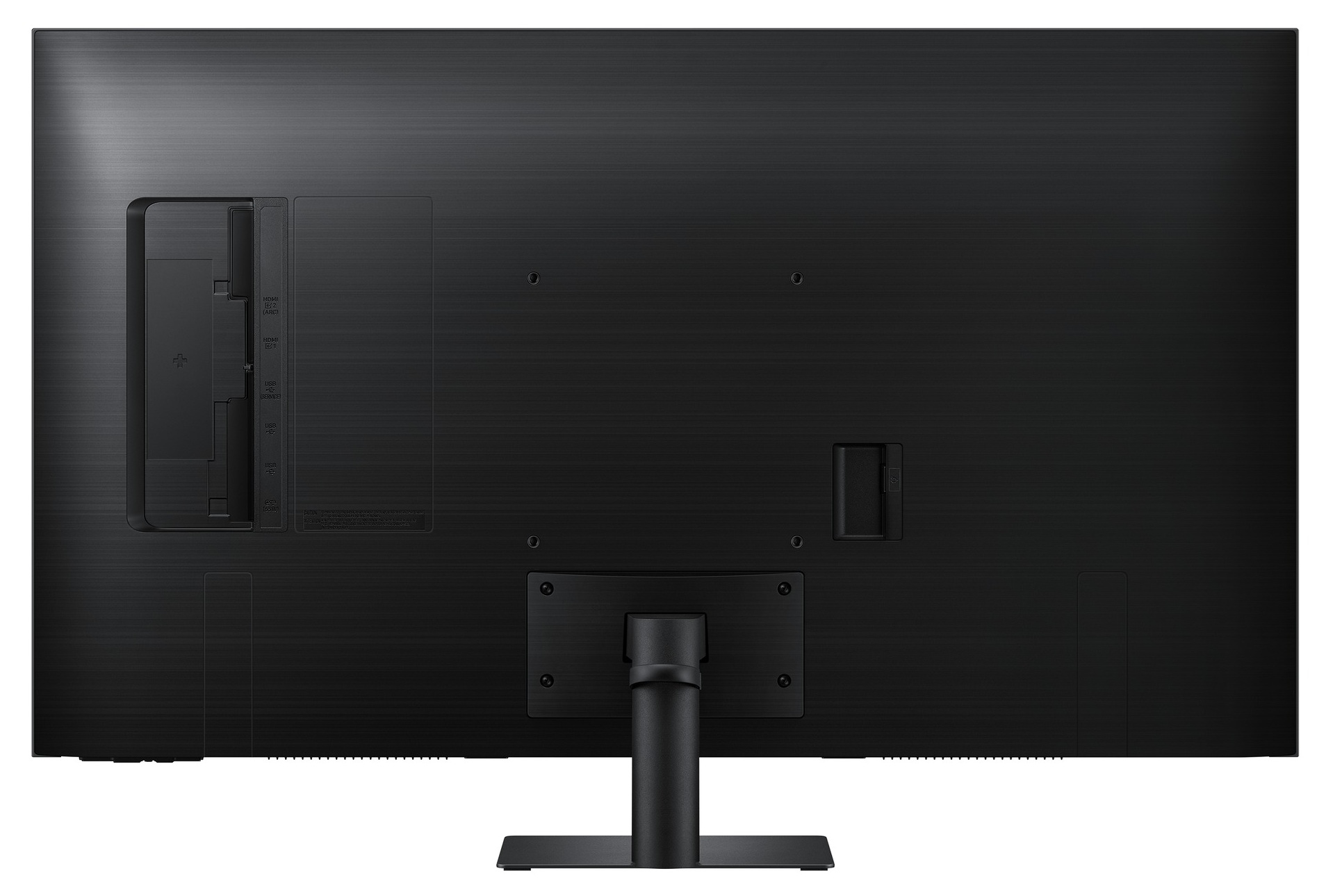 Tył czarnego telewizora z portami połączeniowymi i stojakiem. Pokazuje HDMI, USB i inne porty.