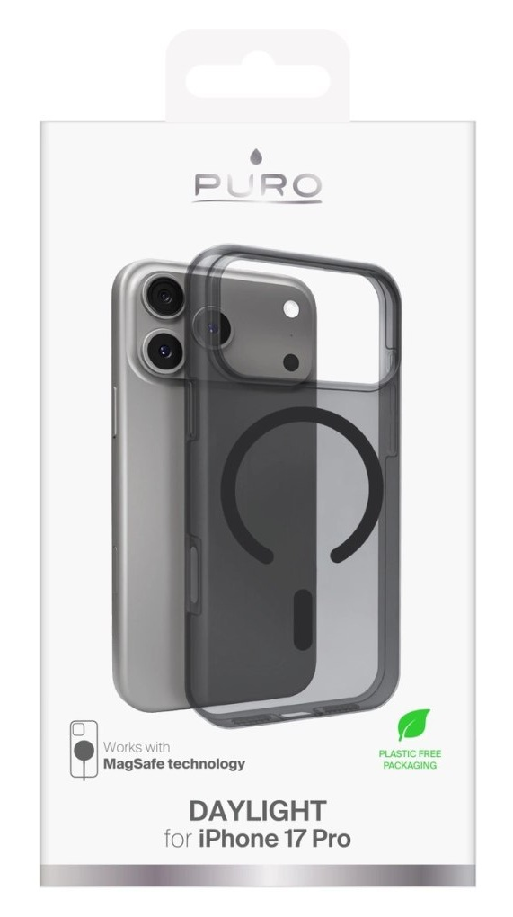 Etui na telefon z telefonem w środku, w opakowaniu. Etui jest przezroczyste i ma magnetyczny pierścień. Opakowanie ma nazwę marki.