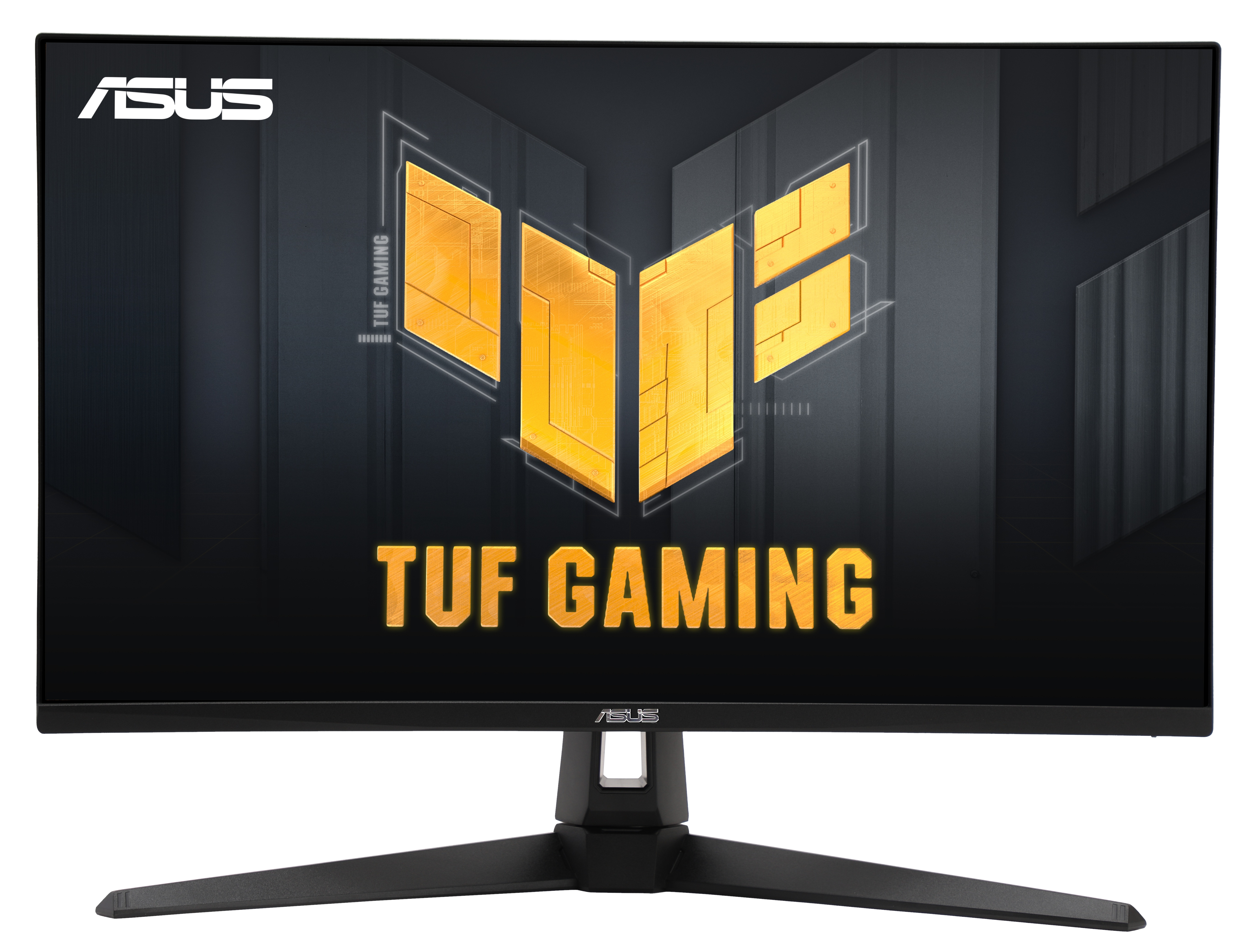 Czarny monitor ASUS TUF Gaming. Ekran wyświetla żółte logo na ciemnym tle. Podstawa jest czarna.