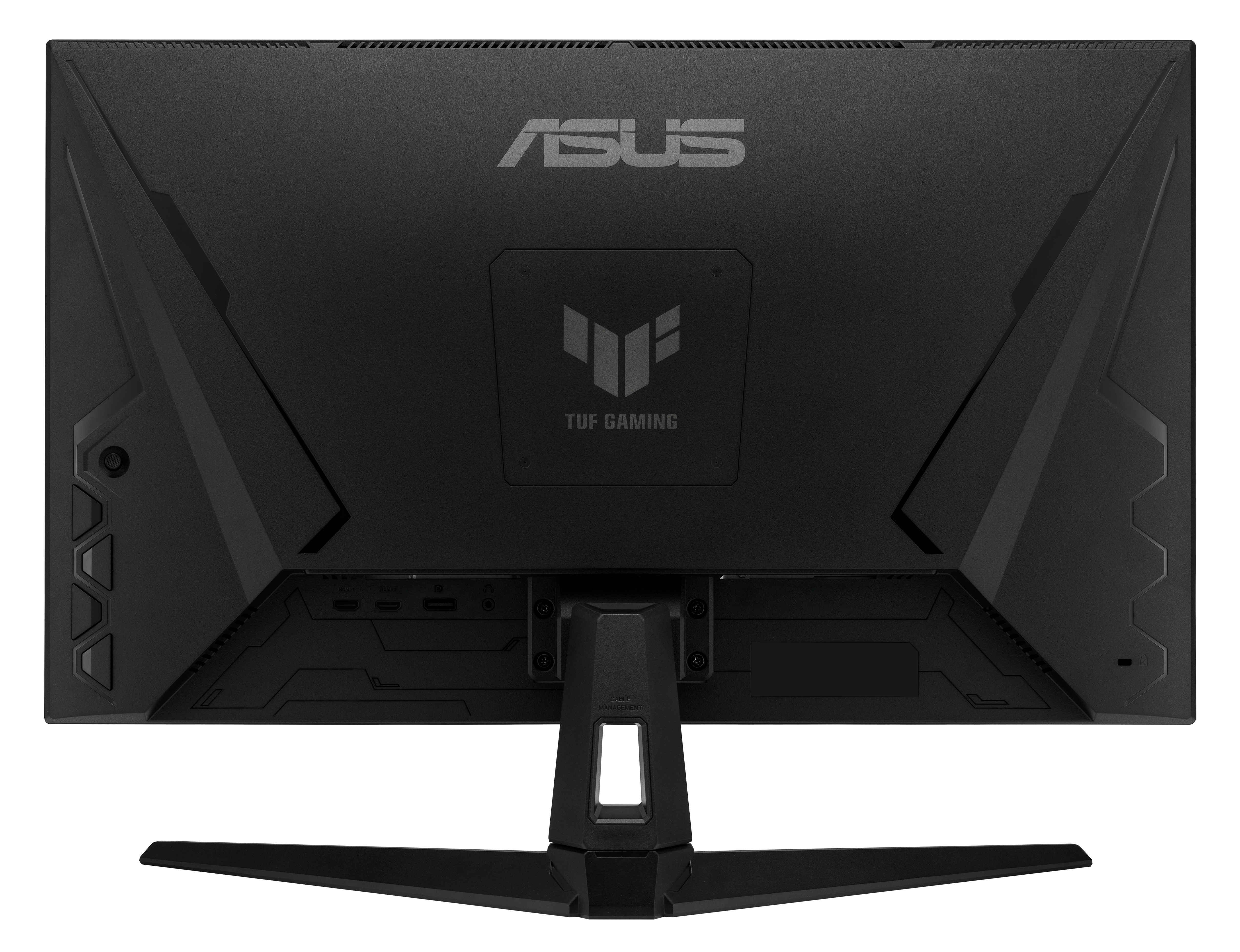 Widok z tyłu czarnego monitora z logo ASUS i TUF Gaming. Posiada podstawkę i różne porty.