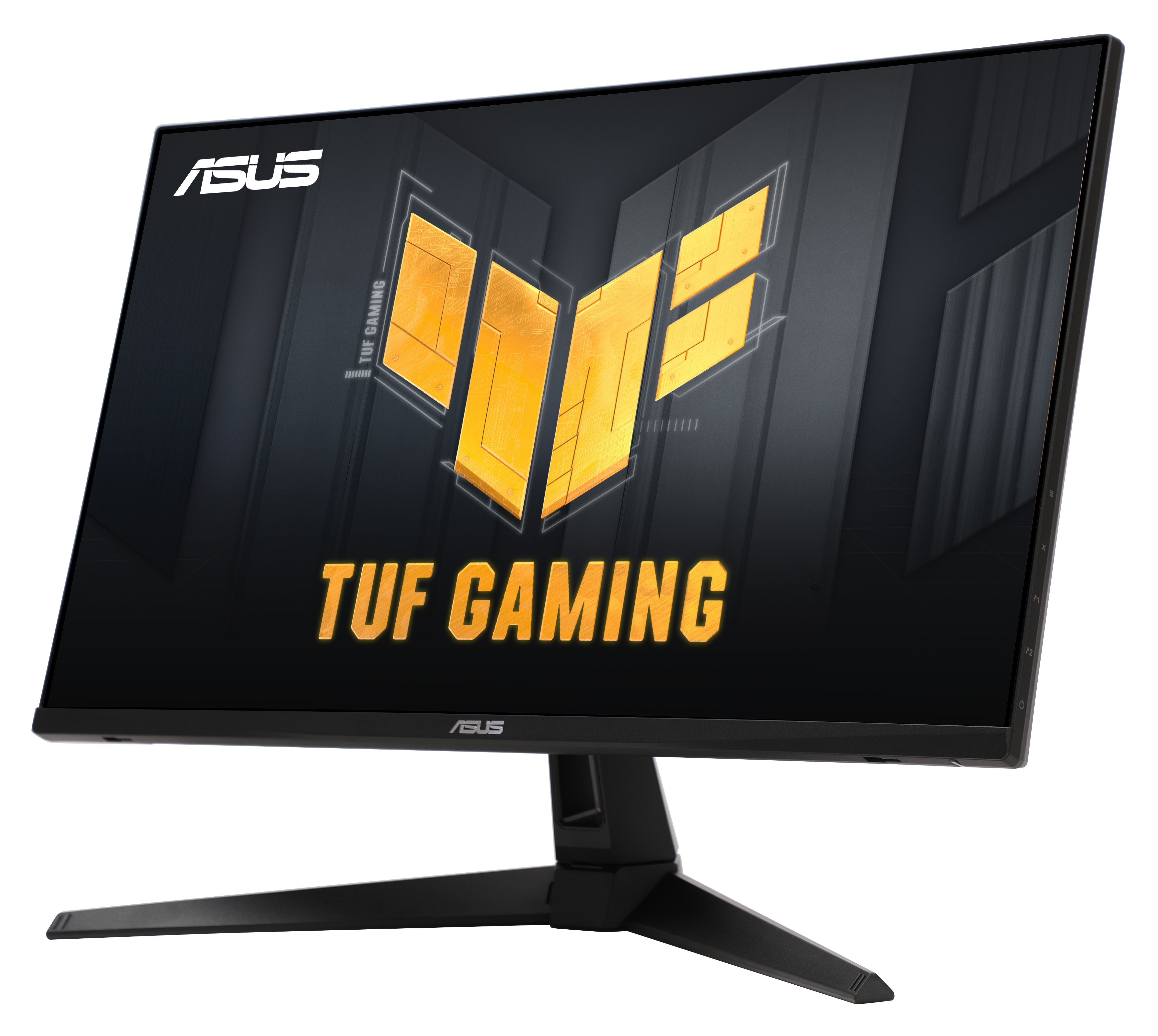 Czarny monitor ASUS TUF Gaming z żółtym logo, ekran wyświetla żółto-czarny wzór. Monitor jest ustawiony pod kątem.