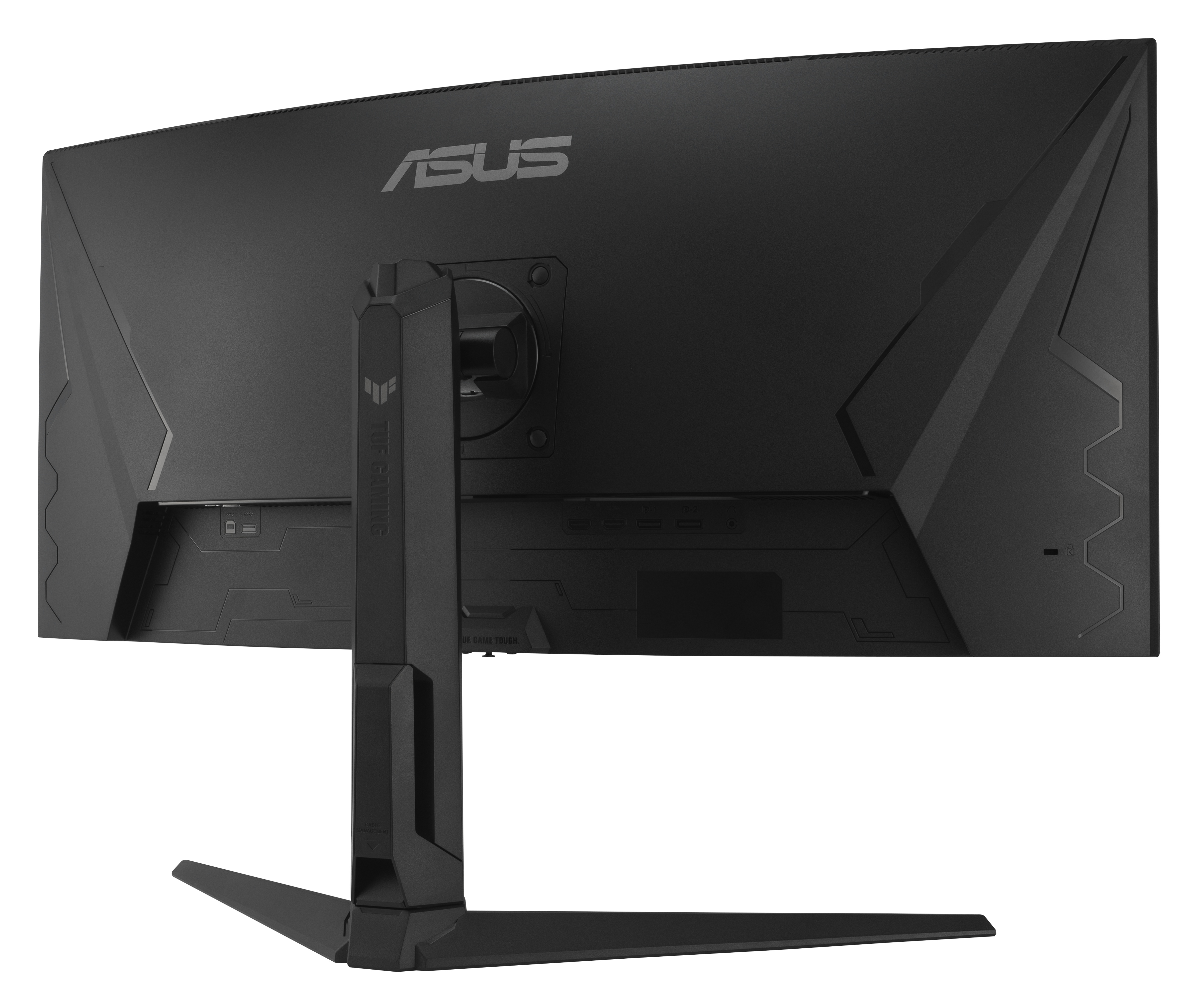 Tył czarnego monitora do gier ASUS TUF z widocznym logo i podstawą. Porty są widoczne na dole.