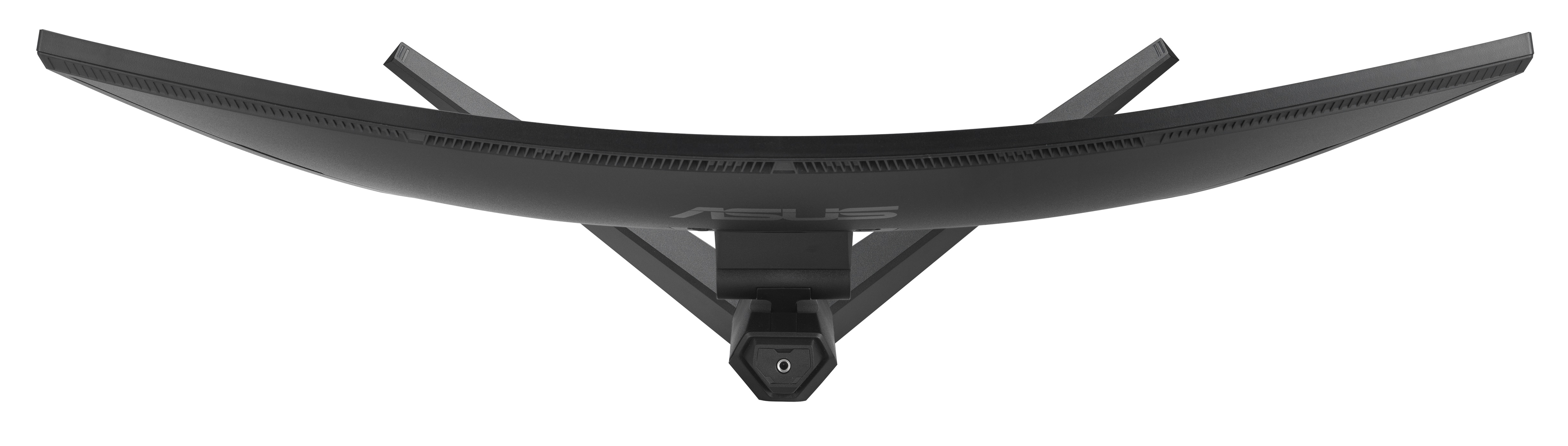 Czarny, zakrzywiony monitor komputerowy. Widoczne logo ASUS. Monitor jest na białym tle.