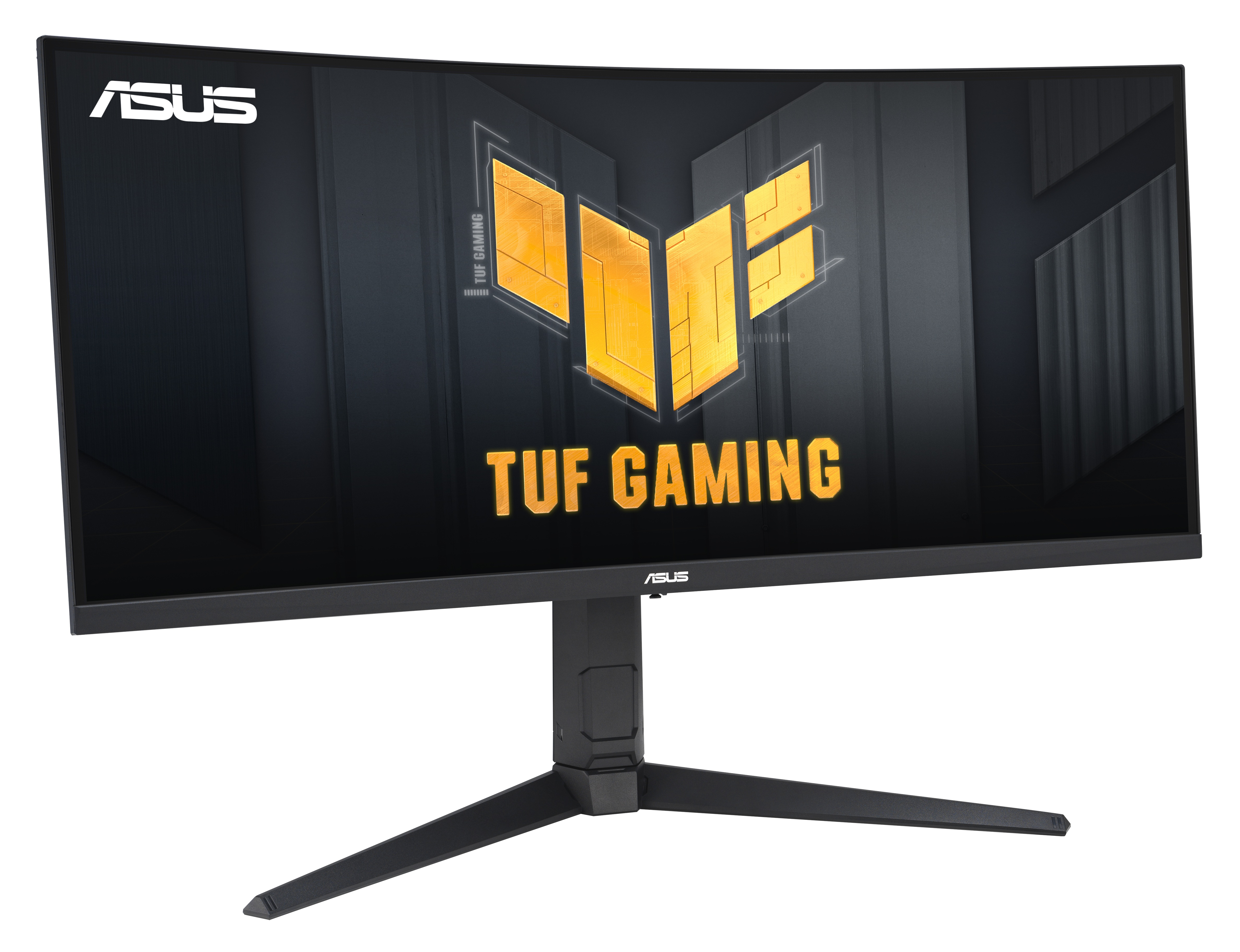 Zakrzywiony monitor ASUS TUF gaming. Ekran wyświetla logo TUF w kolorze żółtym. Czarny stojak i ramka, białe tło.