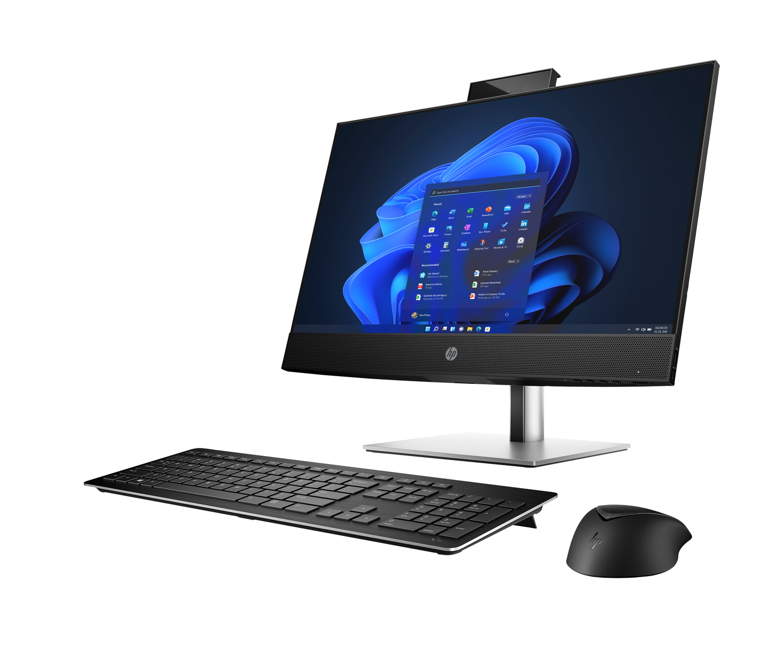 Una computadora de escritorio HP todo en uno. Tiene una pantalla grande con Windows, teclado, ratón. El fondo es blanco.
