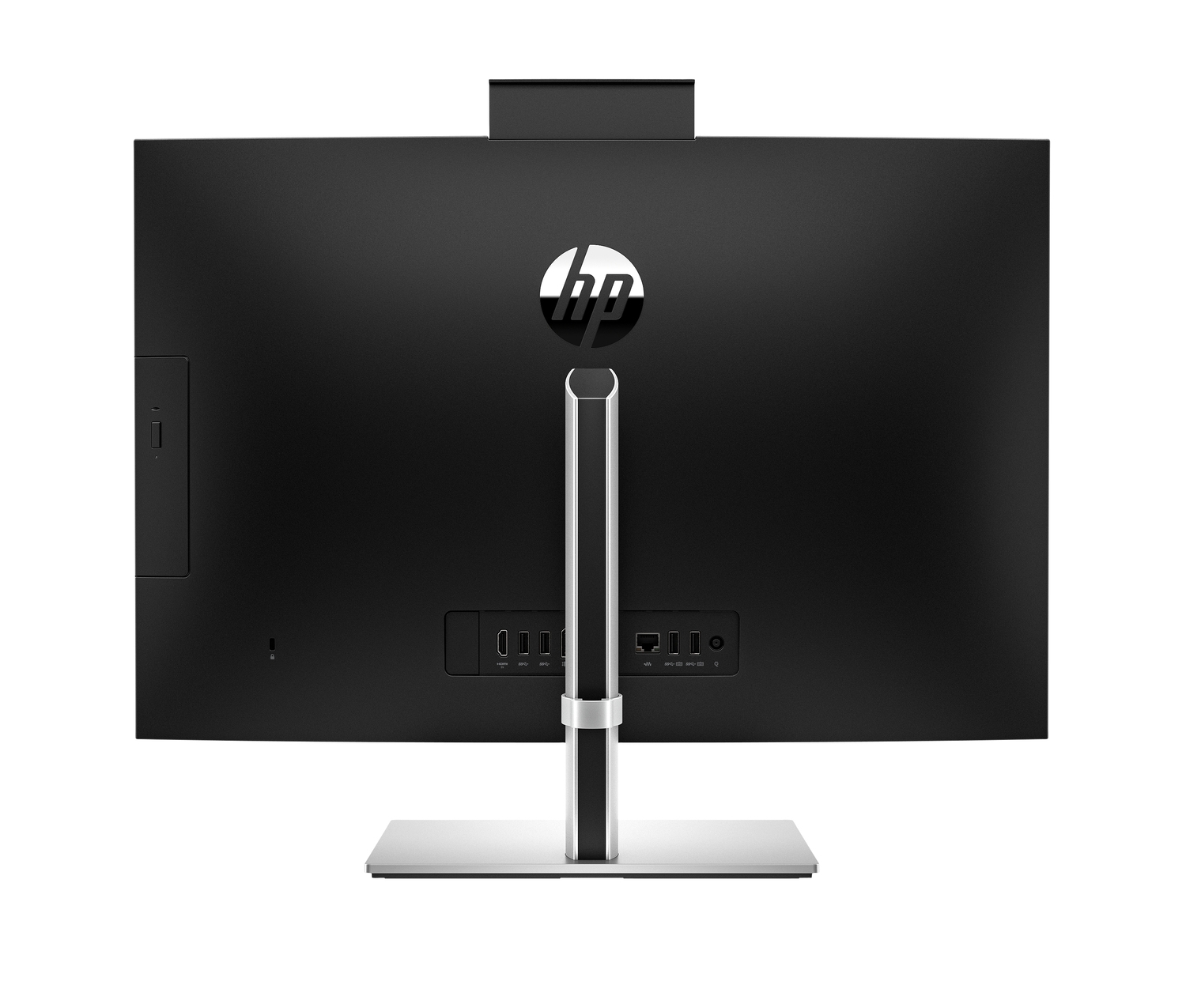 Vista trasera de una computadora HP todo-en-uno. Pantalla negra con logo HP, puertos y soporte plateado. Fondo blanco.