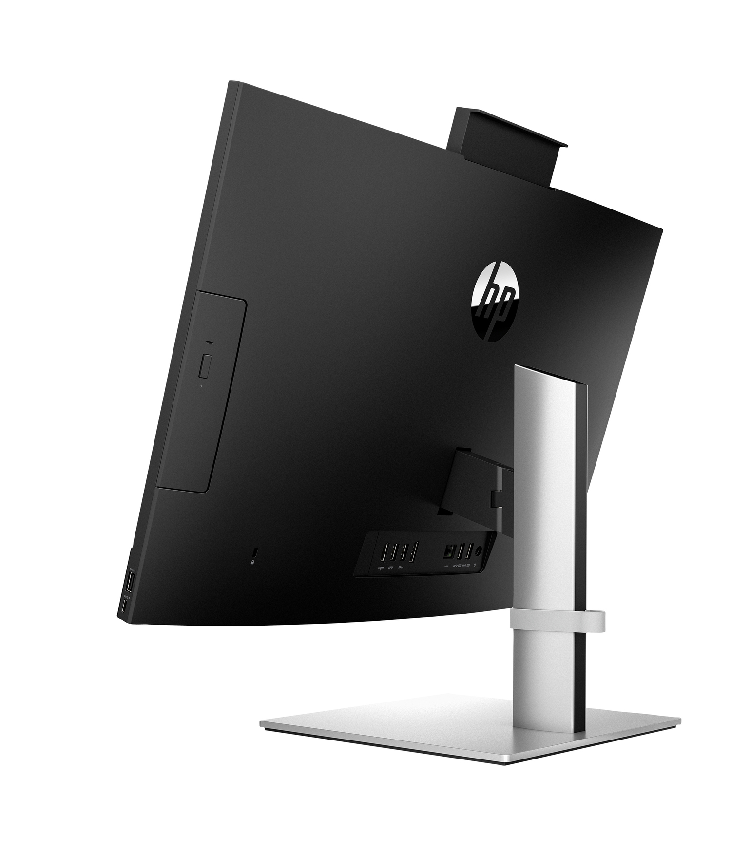 Ordenador HP todo en uno negro desde atrás, mostrando puertos, soporte y el logotipo de HP. La pantalla está en ángulo.