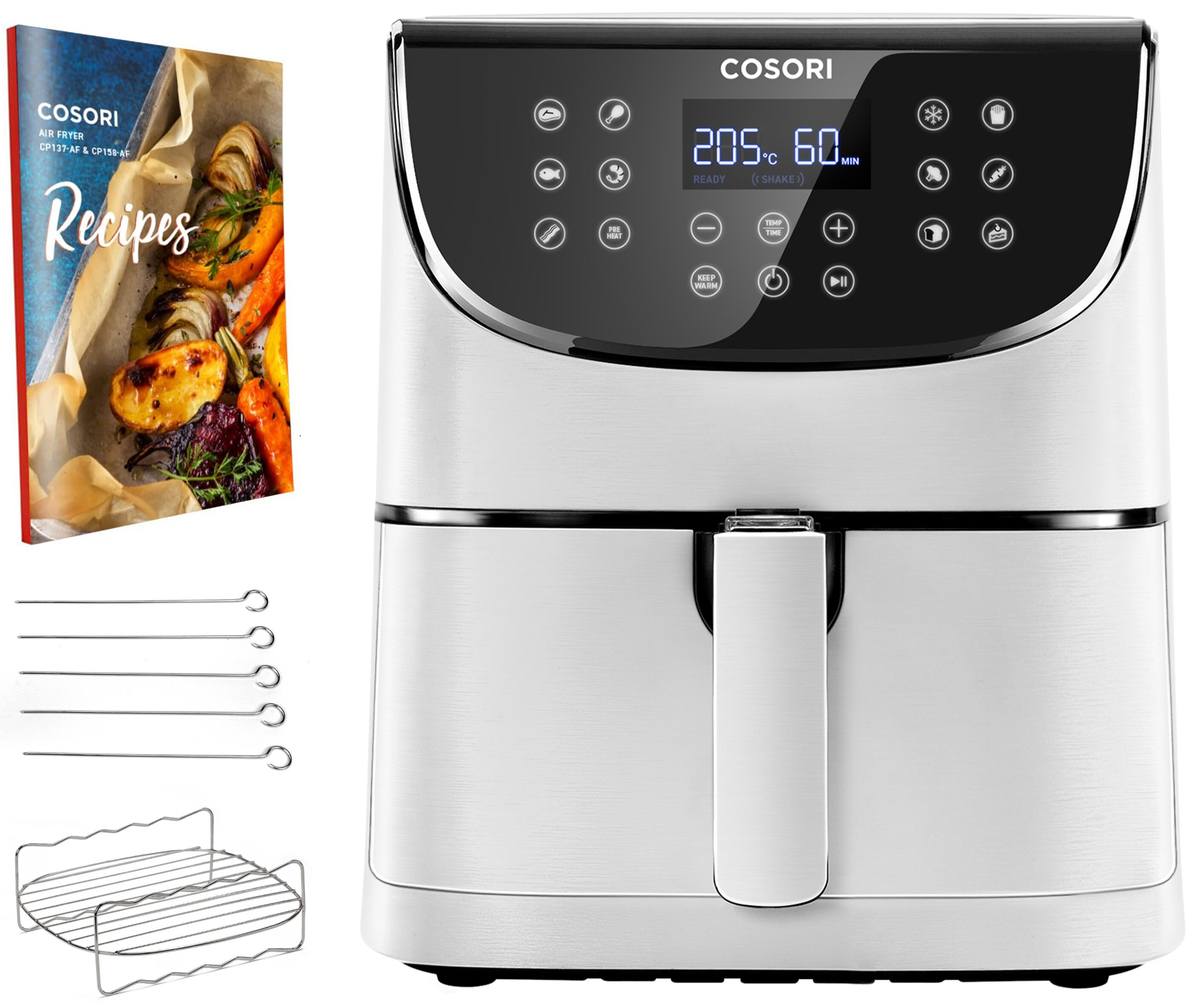 Frytownica powietrzna z książką kucharską, szpikulcami i rusztem. Frytownica jest biała z cyfrowym wyświetlaczem pokazującym 205 stopni i 60 minut.