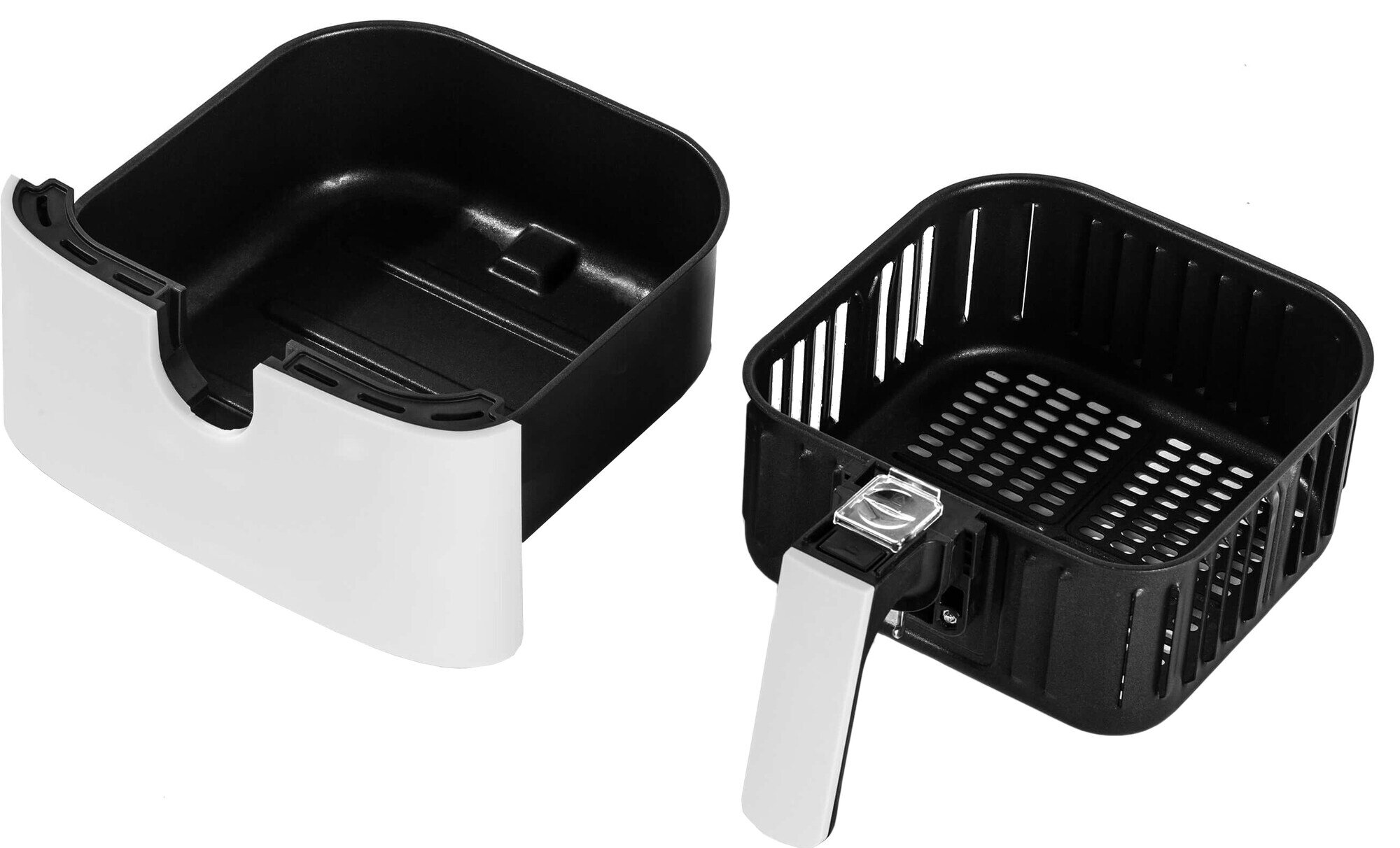 Frytownica powietrzna z dwóch części: czarnego kosza z uchwytem i biało-czarnej obudowy. Obie części są oddzielne.