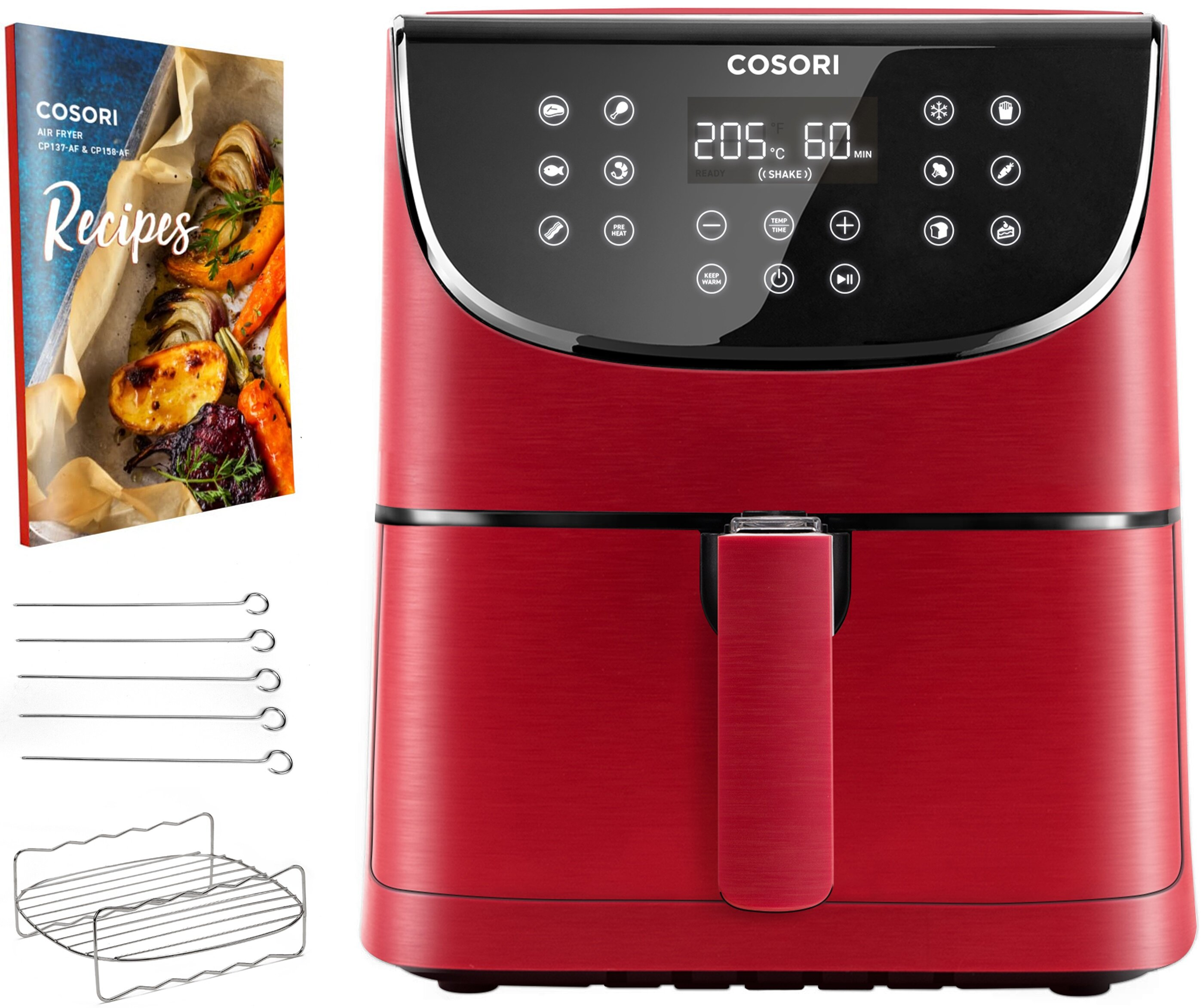 Czerwona frytkownica Cosori z akcesoriami, książką kucharską i cyfrowym wyświetlaczem temperatury i czasu.