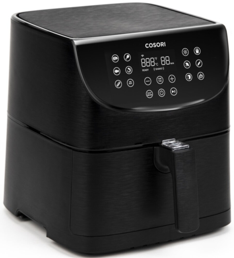 Czarna frytkownica beztłuszczowa Cosori z cyfrowym wyświetlaczem i przyciskami sterowania. Ma uchwyt i teksturowaną powierzchnię.