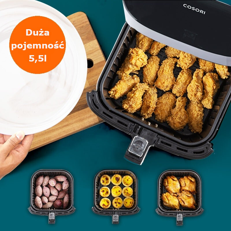 Frytownica powietrzna ze smażonymi skrzydełkami z kurczaka. W pobliżu trzymany jest talerz. Poniżej wyświetlane są trzy kosze z jedzeniem z różnymi produktami.