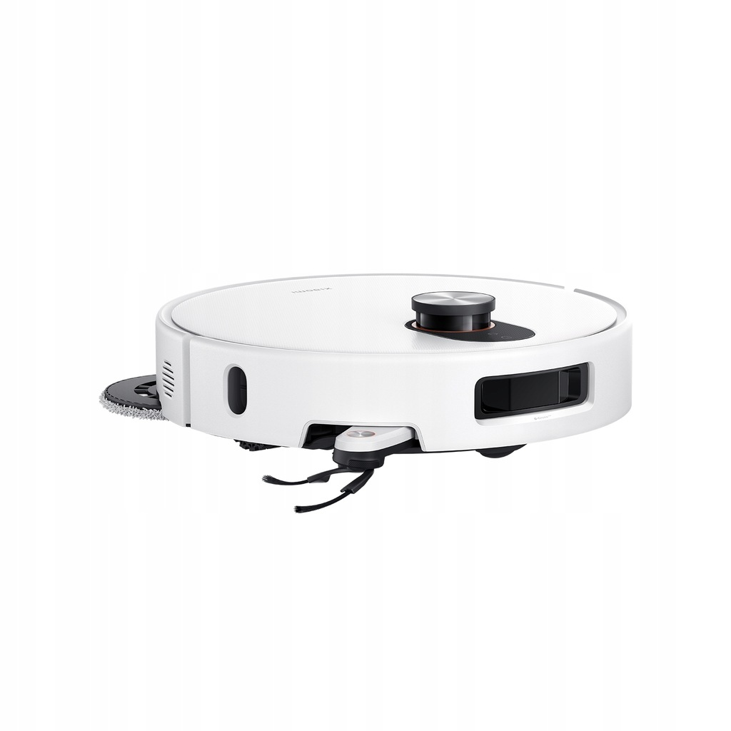 Biały, okrągły odkurzacz robot. Ma czarną górę, elementy boczne i szczotki czyszczące.