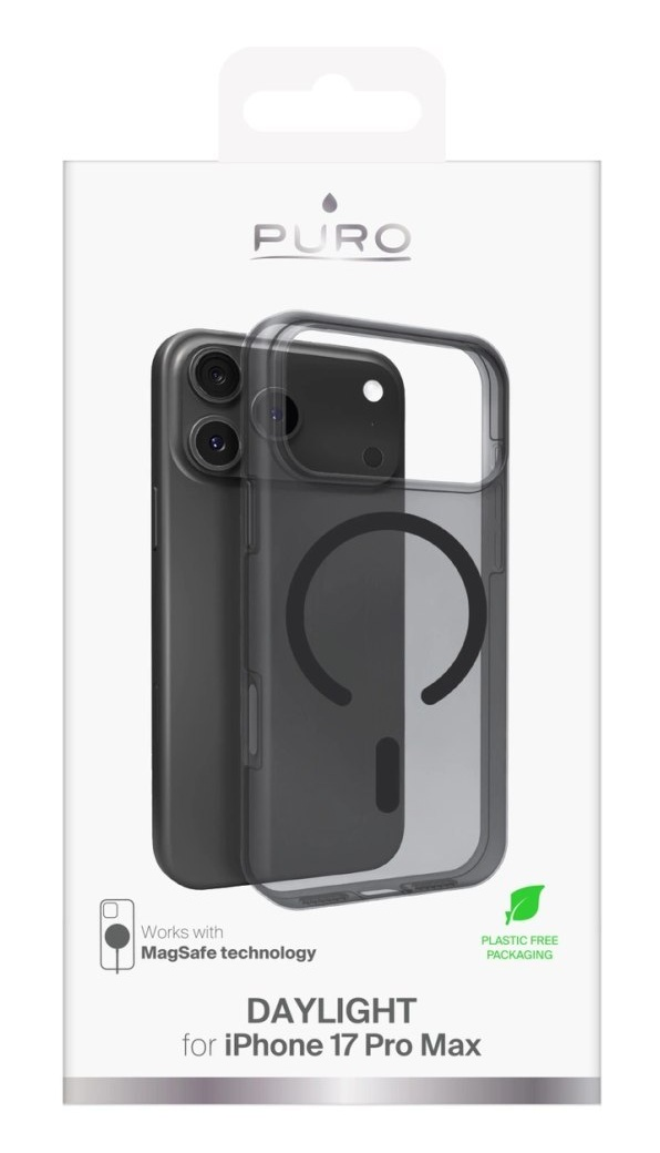 Etui na iPhone 17 Pro Max, z przezroczystym tyłem i ciemnoszarą ramką, na białym pudełku. Etykieta mówi 'PURO' i 'DAYLIGHT'.