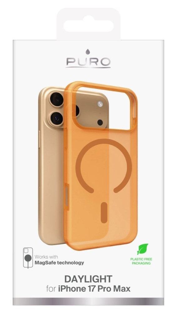 Etui na iPhone'a z telefonem w środku. Etui jest pomarańczowe, a telefon złoty. Opakowanie zawiera markę 'PURO'.