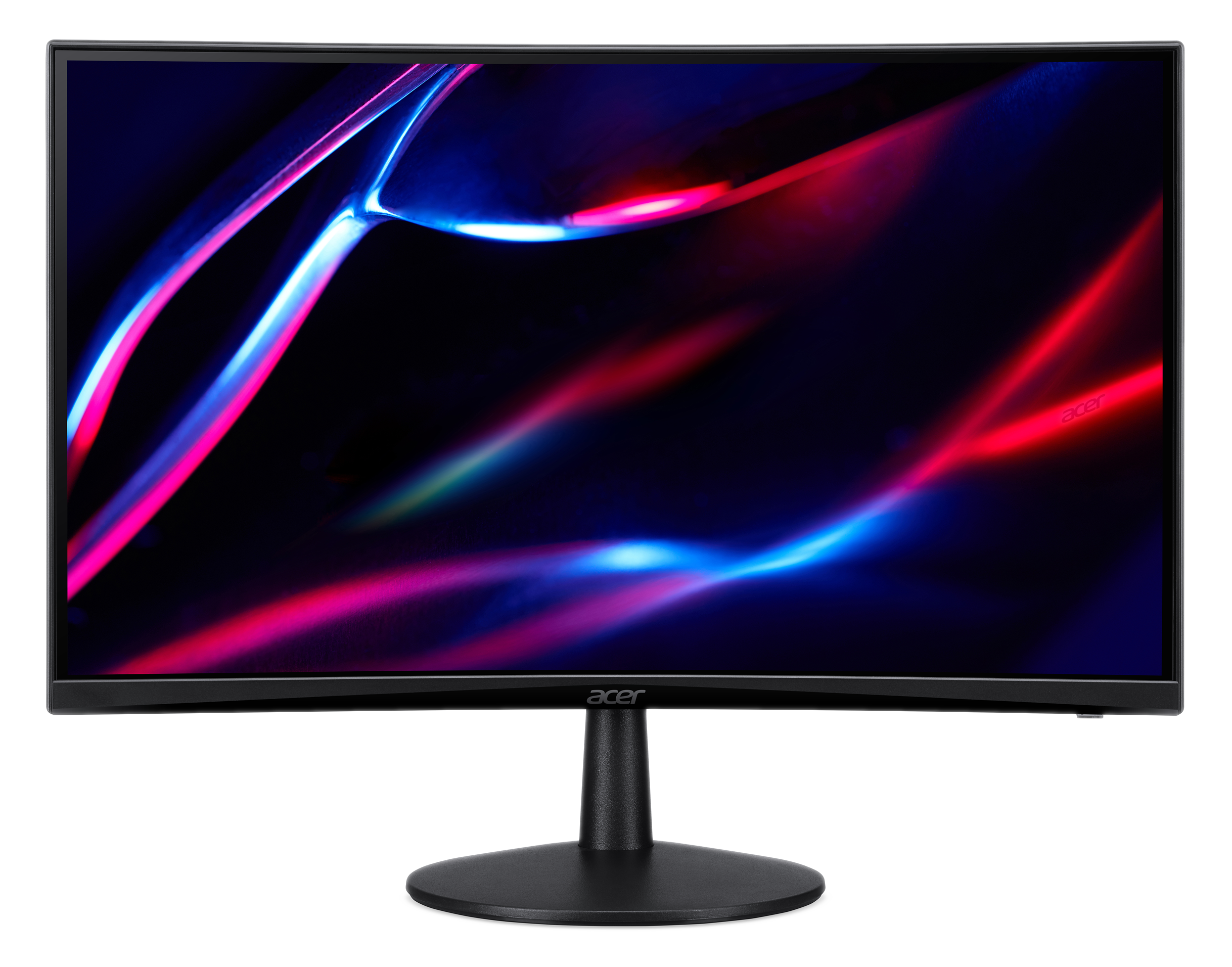 Zakrzywiony monitor Acer. Wyświetlacz z niebieskimi, czerwonymi i różowymi abstrakcyjnymi liniami. Czarna podstawa i ramka na czarnym tle.