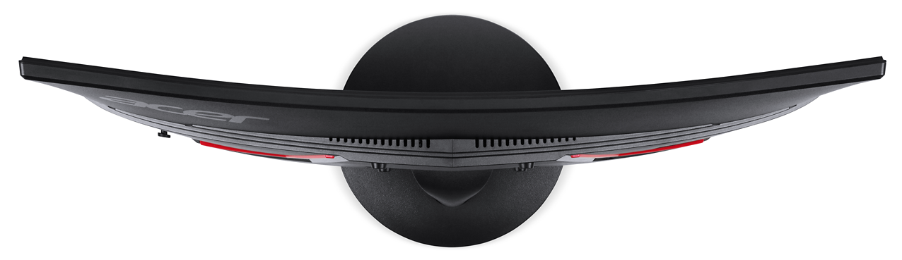 Widok z góry na zakrzywiony czarny monitor komputerowy z czerwonymi akcentami i marką Acer.
