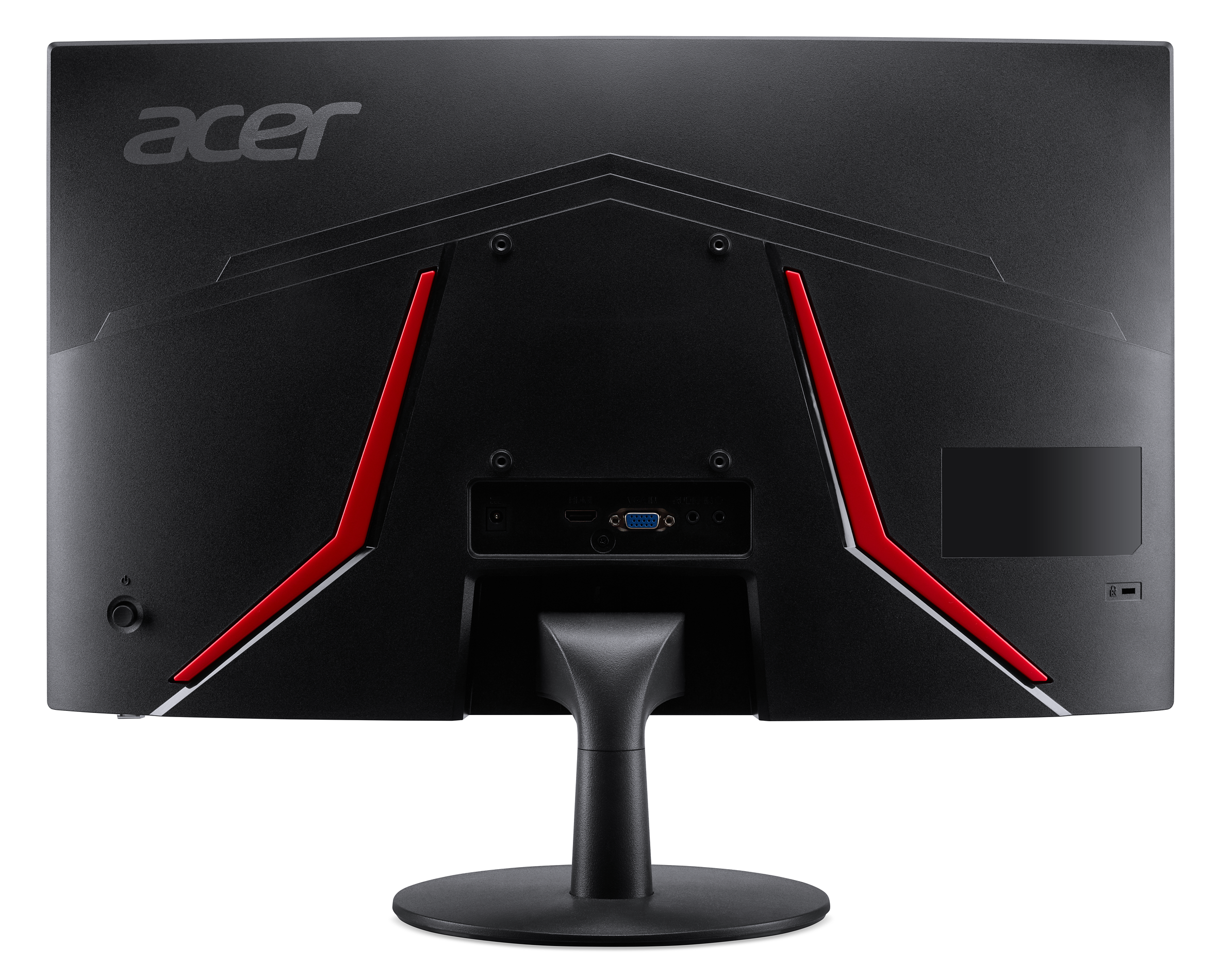 Tył czarnego monitora Acer z czerwonymi akcentami. Widoczne porty i podstawka. Logo Acer na górze.