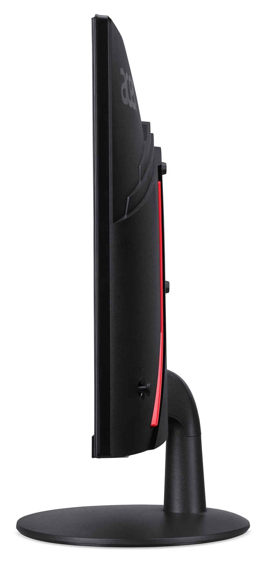 Widok z boku czarnego monitora Acer z czerwonymi akcentami. Ma okrągłą podstawę, stojak i logo Acer.