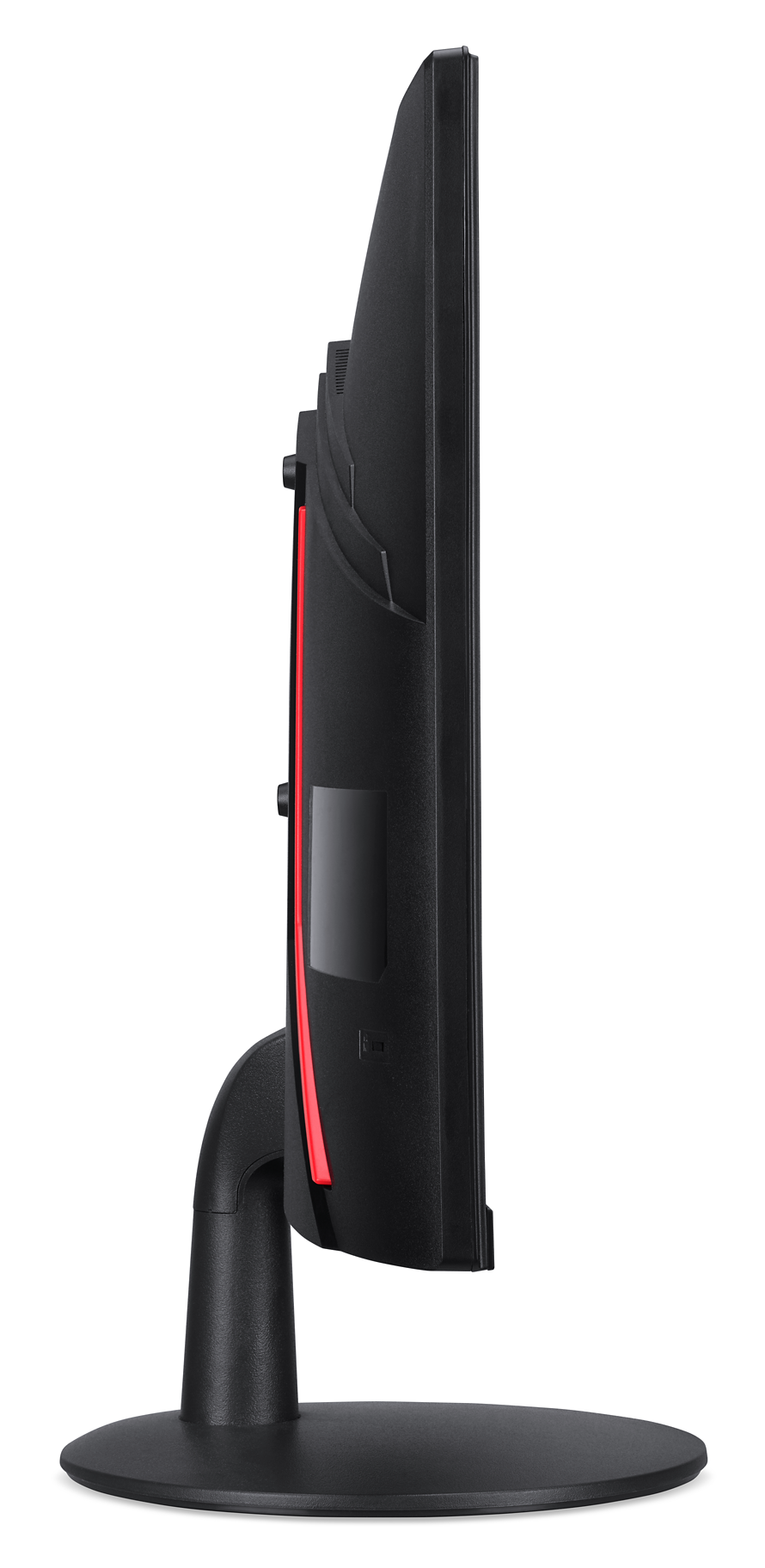 Widok z boku czarnego monitora komputerowego. Ma czerwoną linię akcentu i stoi na czarnym stojaku. Białe tło.