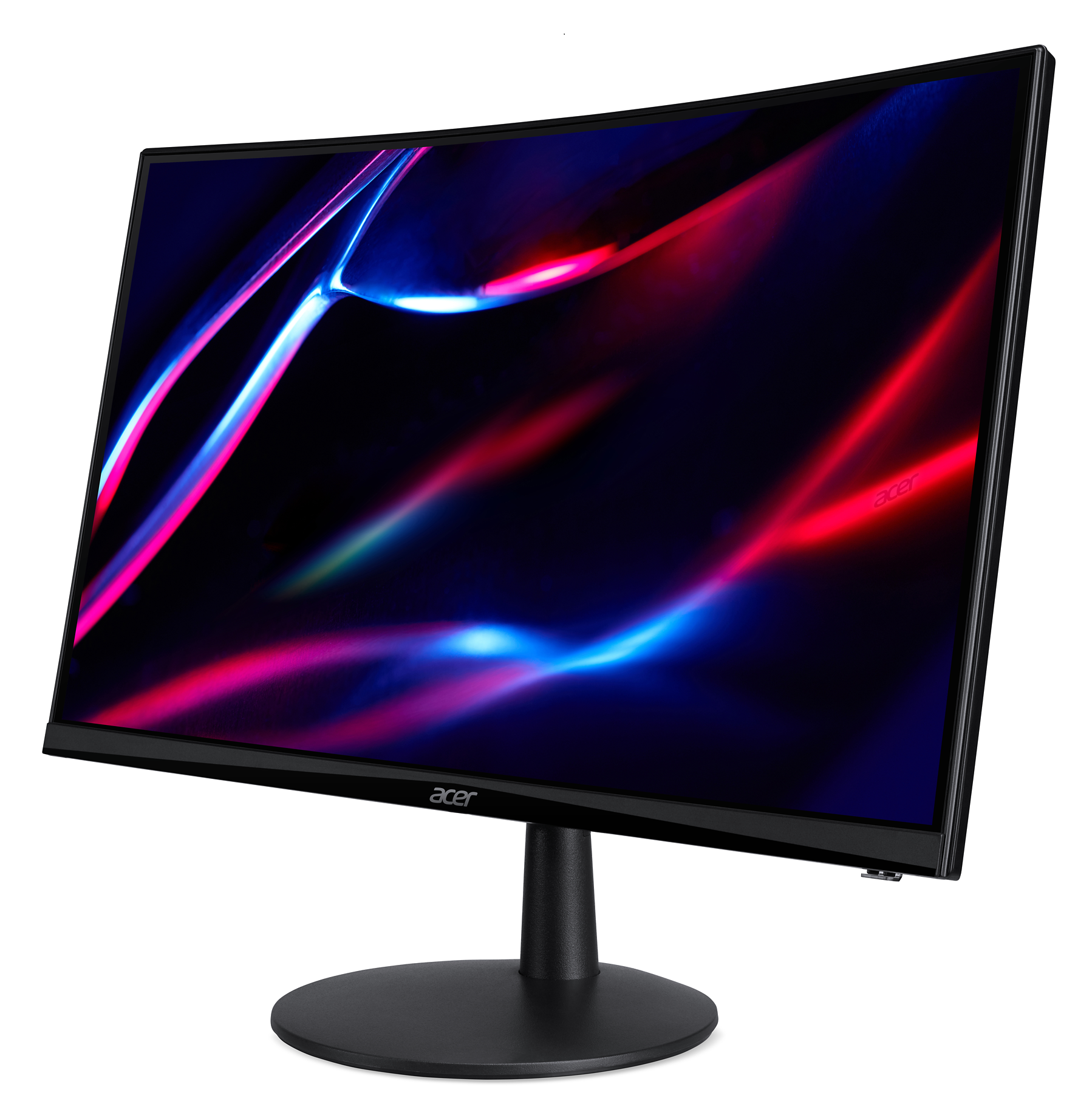Zakrzywiony monitor Acer. Czarna ramka, stojak i podstawa. Ekran wyświetla niebieskie, czerwone i fioletowe kształty.