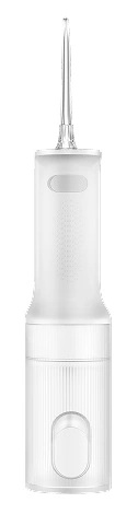 Biały irygator do jamy ustnej na białym tle. Posiada dyszę, korpus z przyciskiem i zbiornik na wodę.