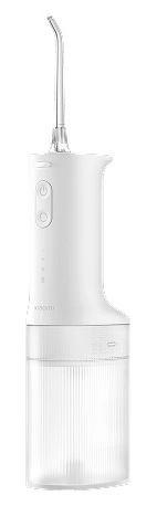 Biały irygator do jamy ustnej Xiaomi. Posiada długą dyszę, przyciski zasilania i zbiornik na wodę z pionowymi rowkami. Podstawa jest przezroczysta.