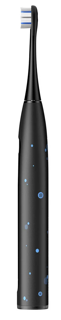 Czarna elektryczna szczoteczka do zębów z niebieskimi akcentami. Główka szczoteczki ma białe i niebieskie włosie. Rękojeść ma niebieskie kropki.