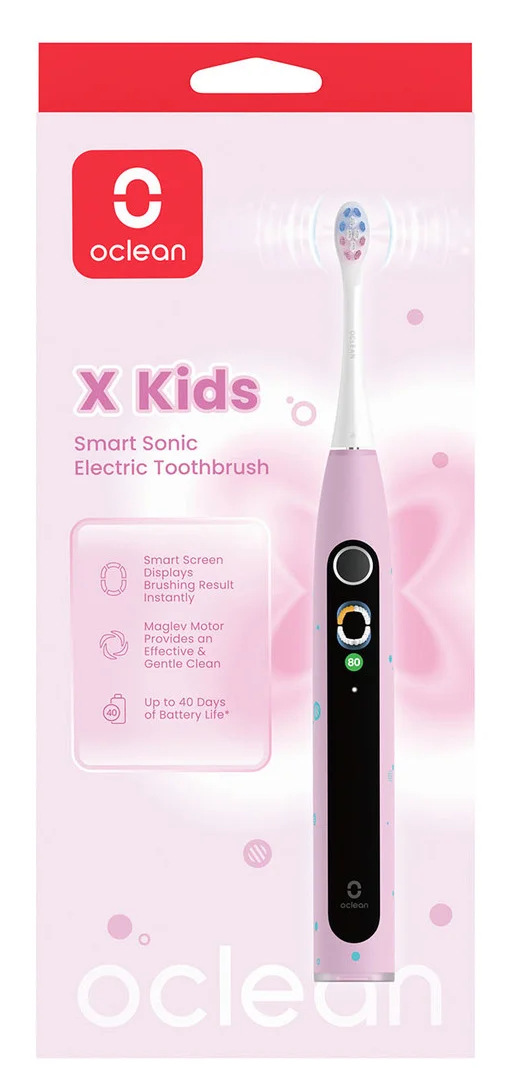 Różowa elektryczna szczoteczka do zębów Oclean X Kids na różowym tle. Opakowanie pokazuje funkcje i logo marki.
