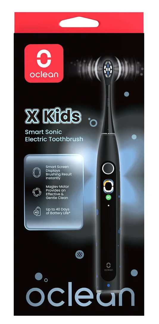Czarna elektryczna szczoteczka do zębów oclean X Kids. Na pudełku napis 'Smart Sonic Electric Toothbrush'. Niebieskie akcenty na czarnym tle.