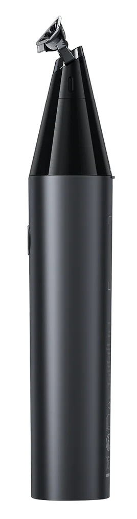 Czarno-srebrna elektryczna maszynka do strzyżenia stoi pionowo. Trymer ma cylindryczny korpus i zwężającą się górę z widocznymi ostrzami.