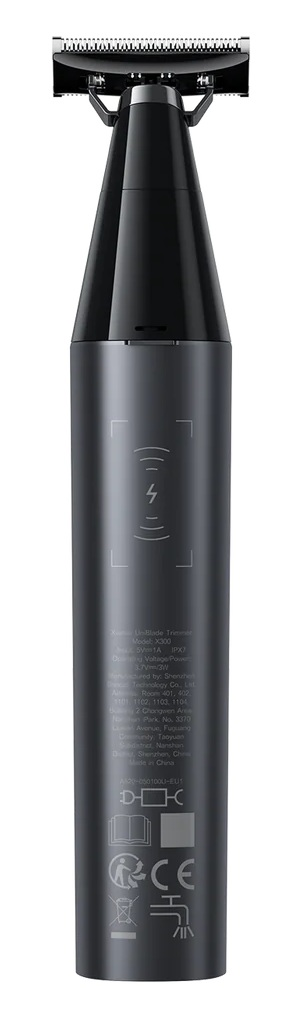 Czarna golarka elektryczna jest pokazana na białym tle. Golarka ma metalowe ostrze, czarny korpus i symbol ładowania.