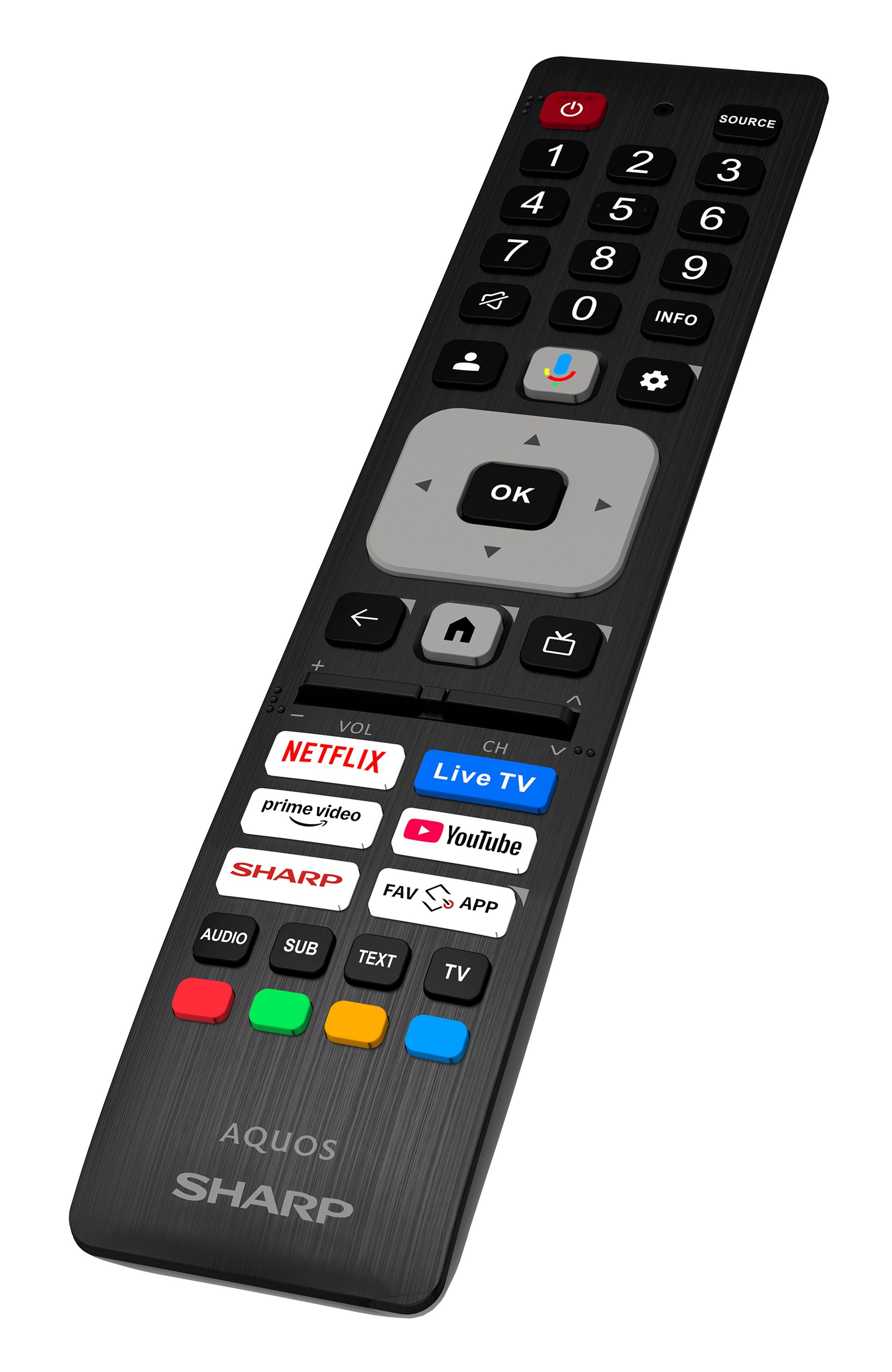 Czarny pilot Sharp z różnymi przyciskami, takimi jak głośność, kanał, Netflix, Youtube i klawisze numeryczne.
